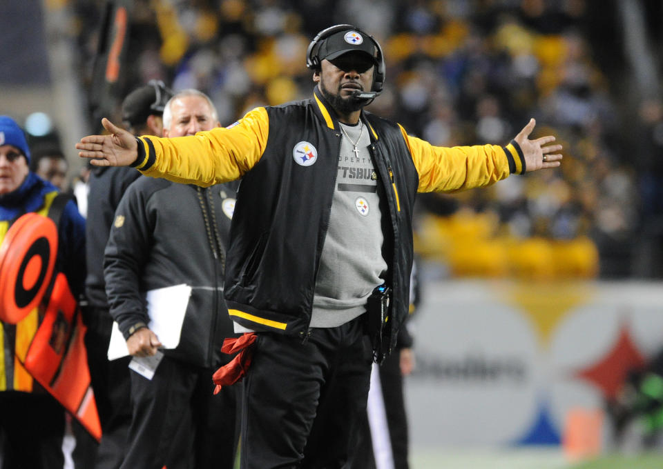 Dec 10, 2017; Pittsburgh, PA, USA; Pittsburgh Steelers head coach Mike Tomlin gestures to the referee against the Baltimore Ravens in the fourth quarter at Heinz Field. Mandatory Credit: Philip G. Pavely-USA TODAY Sports