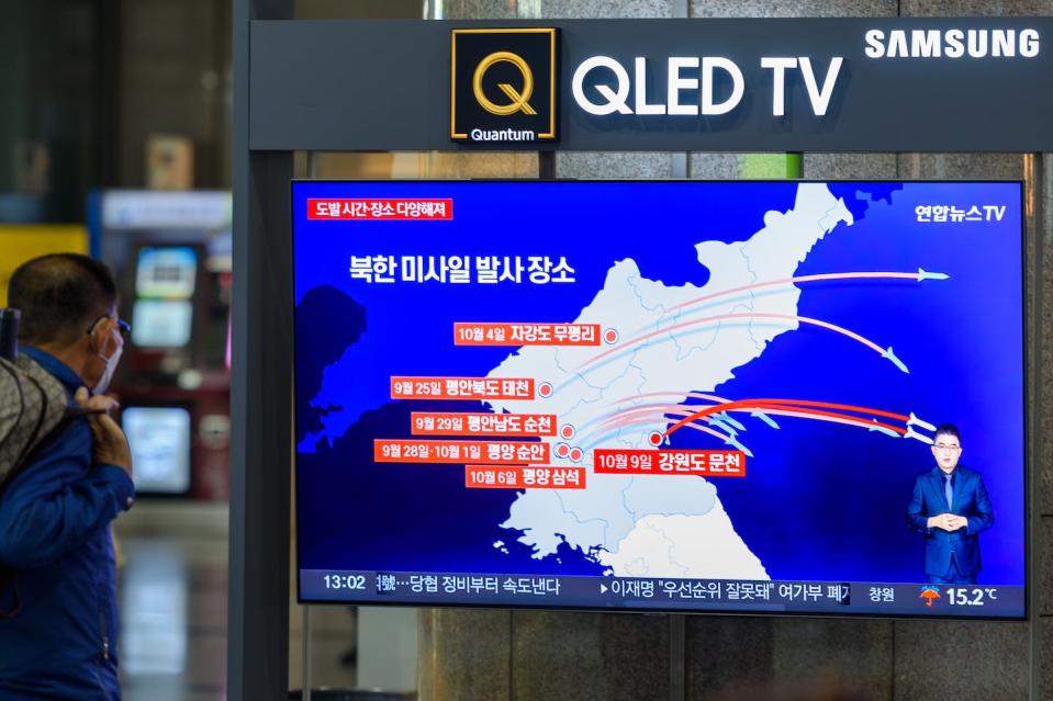 Reporting of North Korea’s missile launches. <a href="https://www.gettyimages.com/detail/news-photo/screen-shows-a-news-program-reporting-north-koreas-missile-news-photo/1243843558?phrase=North%20Korea%20missile&adppopup=true" rel="nofollow noopener" target="_blank" data-ylk="slk:Kim Jae-Hwan/SOPA Images/LightRocket via Getty Images;elm:context_link;itc:0;sec:content-canvas" class="link ">Kim Jae-Hwan/SOPA Images/LightRocket via Getty Images</a>