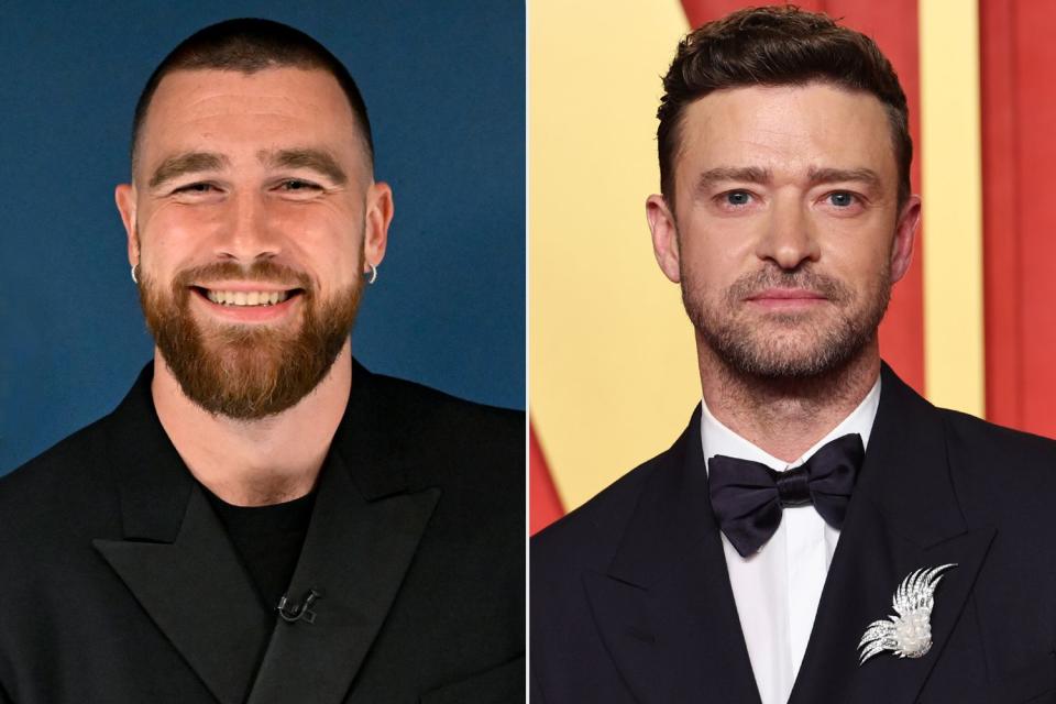<p>Todd Owyoung/NBC via Getty Images; Jamie McCarthy/WireImage</p> Travis Kelce in New York City on Feb. 16, 2023; Justin Timberlake in Beverly Hills on March 10, 2024