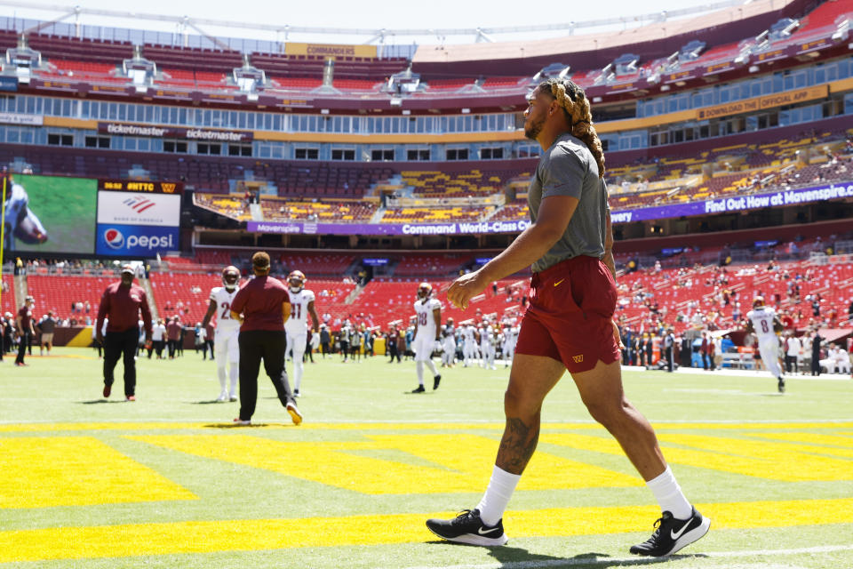 Washington Commanders defensive end Chase Young (99) takes the field before a NFL Preseason football game between the Carolina Panthers and the Washington Commanders on Saturday, Aug. 13, 2022 at FedExField in Landover, Md. (Shaban Athuman/Richmond Times-Dispatch via AP)