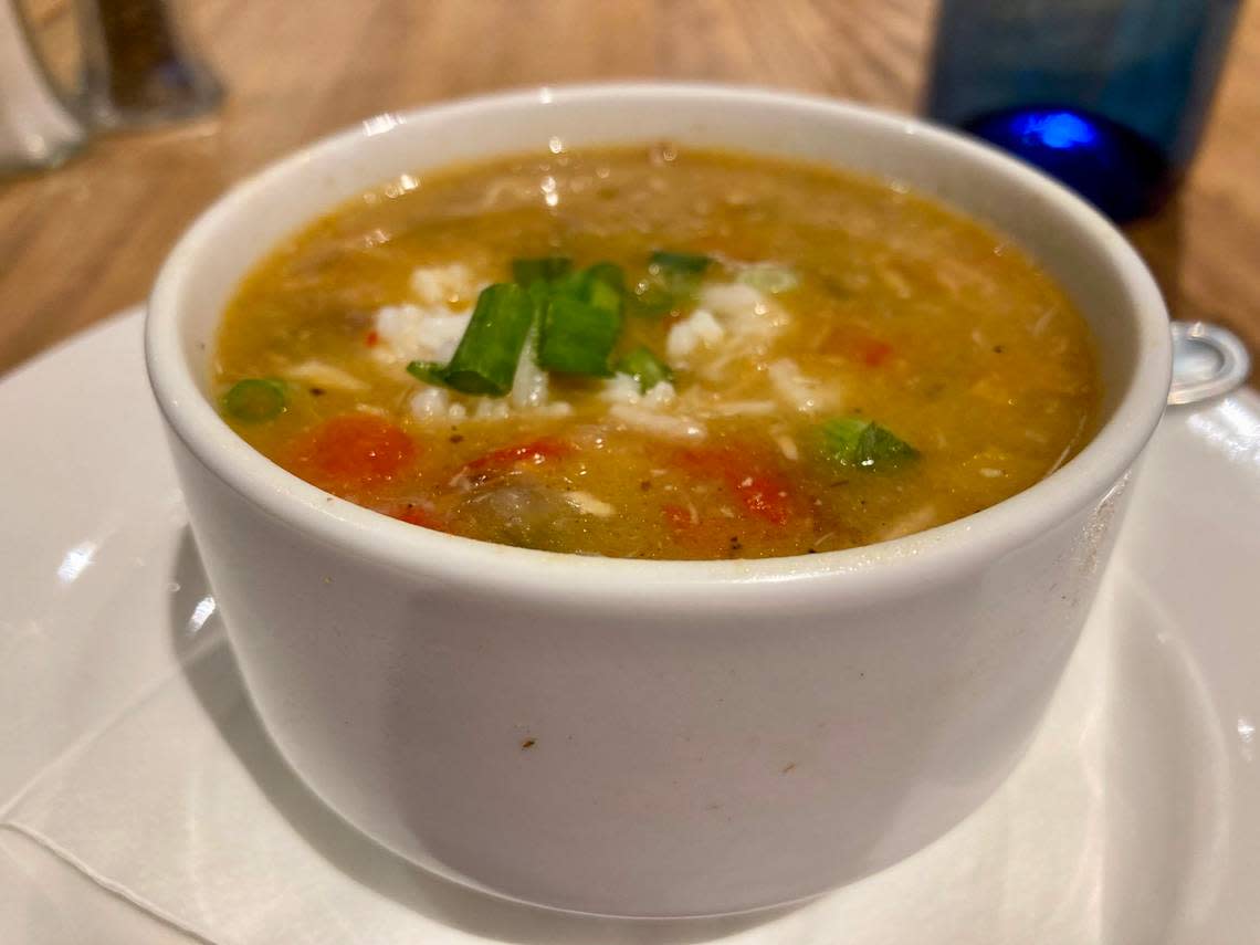 A cup of gumbo at ‘Olreans on Carroll Street in downtown Perry. This thick hearty stew is made with tomatoes, okra, onions, shredded chicken and smoked andouille sausage and topped with a scoop of rice.