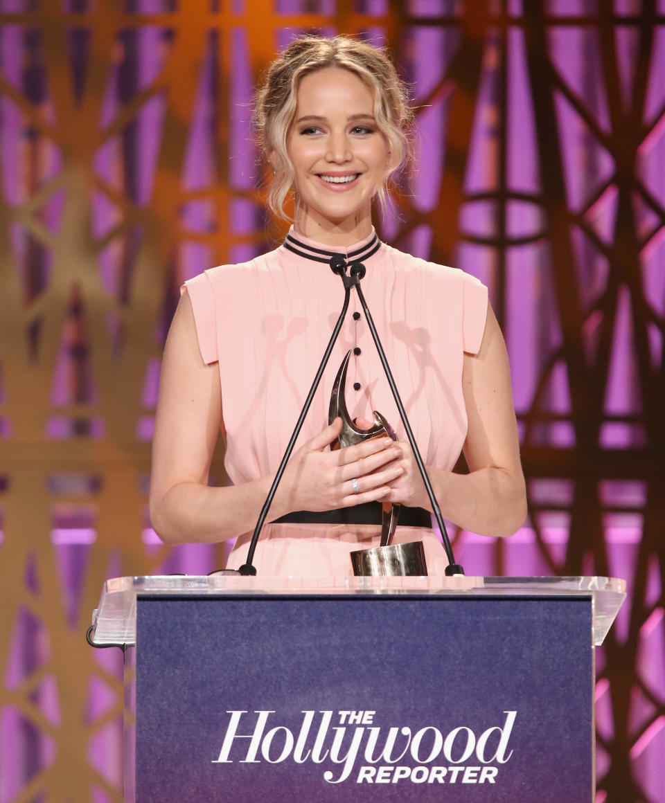 The 27-year-old actress was honored with the Sherry Lansing Leadership Award at The Hollywood Reporter's annual Women in Entertainment breakfast.