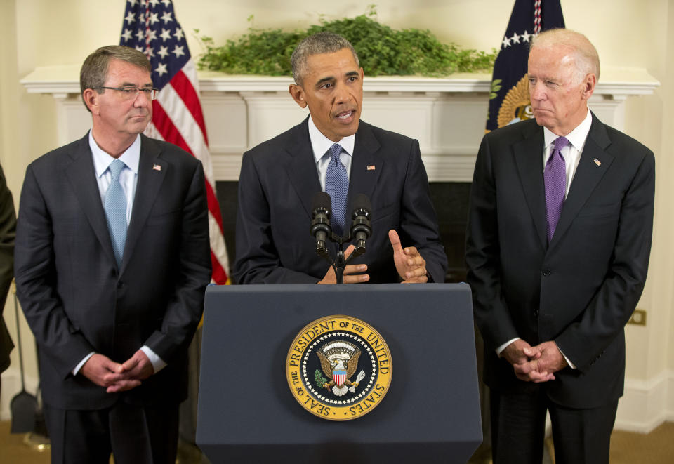 President Barack Obama, flanked by Vice President Joe Biden, right, and Defense Secretary Ash Carter, speaks about Afghanistan on Oct. 15, 2015, in the Roosevelt Room of the White House in Washington. (Photo: Pablo Martinez Monsivais/AP)