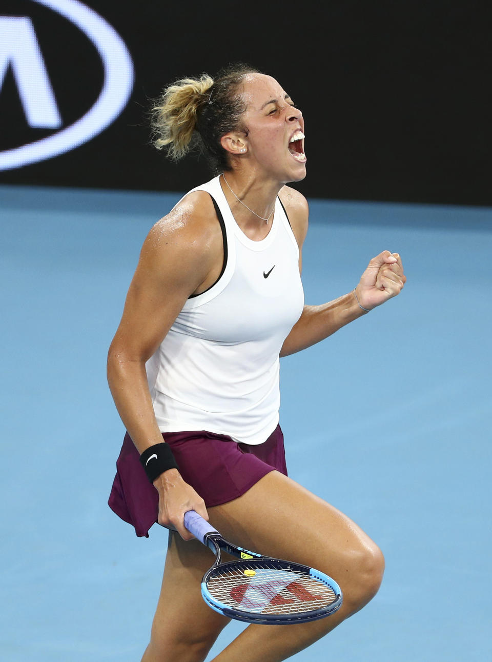 Madison Keys of the United States reacts after winning her semifinal match against Petra Kvitova of the Czech Republic 3-6, 6-2, 6-3, at the Brisbane International tennis tournament in Brisbane, Australia, Saturday, Jan. 11, 2020. (AP Photo/Tertius Pickard)