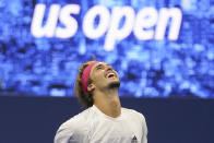 Alexander Zverev, of Germany, reacts after defeating Pablo Carreno Busta, of Spain, during a men's semifinal match of the US Open tennis championships, Friday, Sept. 11, 2020, in New York. (AP Photo/Seth Wenig)