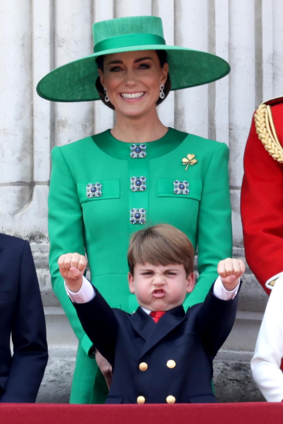 Prince Louis of Cambridge and Catherine, Princess of Wales watch the flypast on the balcony of Buckingham Palace during Trooping the Colour on June 17, 2023 in London.