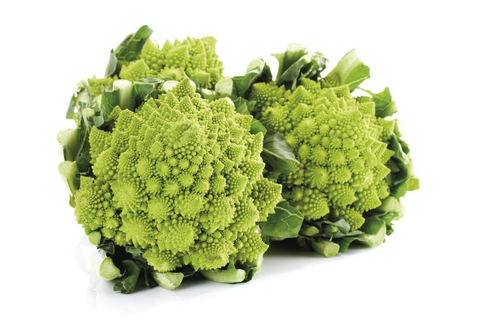 Each bud of a Romanesco broccoli bunch is composed of a series of smaller buds, arranged in a consistent spiral pattern. <a href="https://www.gettyimages.com/detail/photo/romanesco-close-up-royalty-free-image/79560931?adppopup=true" rel="nofollow noopener" target="_blank" data-ylk="slk:Creativ Studio Heinemann/Westend61 via Getty Images;elm:context_link;itc:0;sec:content-canvas" class="link ">Creativ Studio Heinemann/Westend61 via Getty Images</a>