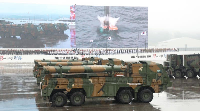 Seoul showed off its latest military hardware during a ceremony on Tuesday, including new Hyunmoo missiles, in a direct warning to North Korea. Photo by Yonhap