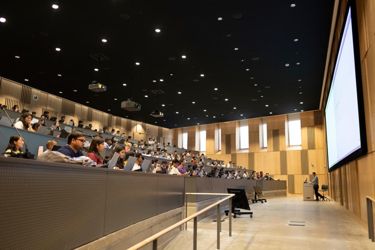 Students are photographed in a new classroom inside the University of Cincinnati Carl H. Lindner College of Business on Tuesday, August 13, 2019.