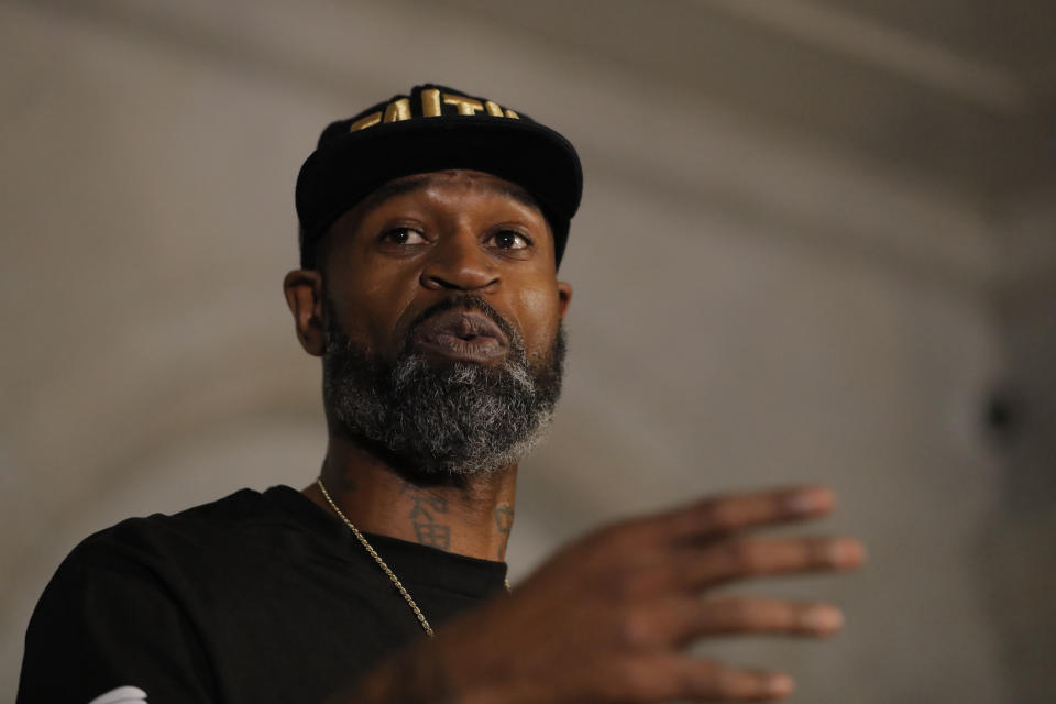 Stephen Jackson a friend of George Floyd speaks during a news conference, Tuesday, June 2, 2020, in Minneapolis, Minn. The city has seen protests against police brutality sparked by the death of George Floyd, a black man who died after being restrained by Minneapolis police officers on May 25. (AP Photo/Julio Cortez)