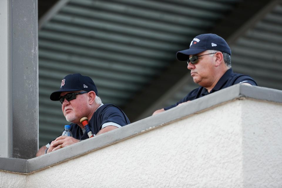 Tigers manager Ron Gardenhire and general manager Al Avila watch spring training at TigerTown in Lakeland, Fla., on Feb. 17, 2020.