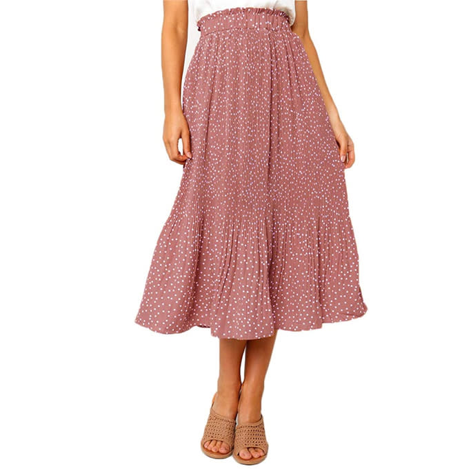 EXLURA High Waist Polka Dot Pleated Midi Skirt