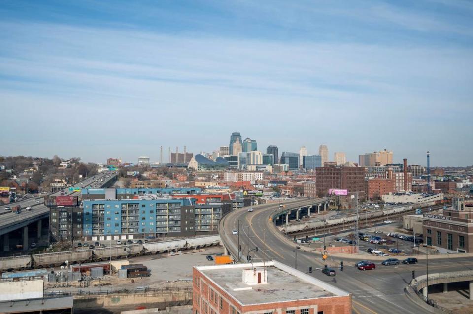 The Kansas City skyline is seen from the KC Wheel at Pennway Point district on Wednesday, Dec. 13, 2023.