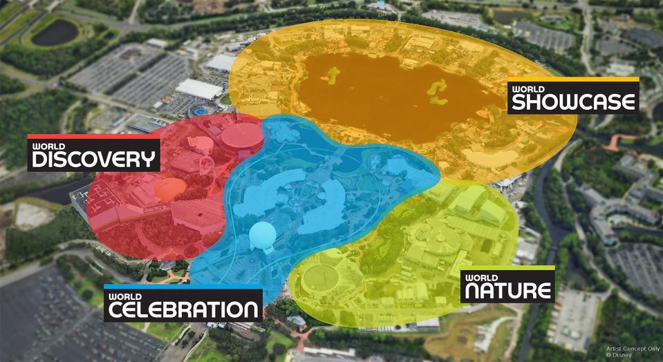 EPCOT is now comprised of four neighborhoods instead of two: World Celebration, World Nature, World Discovery and World Showcase.