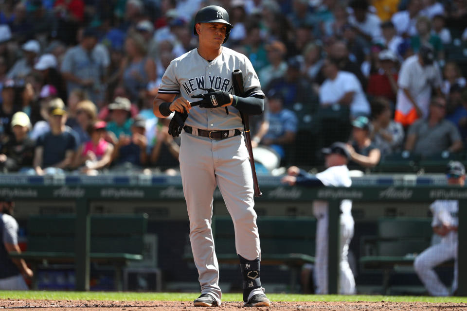 SEATTLE, WASHINGTON - AUGUST 28: Gio Urshela #29 of the New York Yankees reacts after striking out to end the fourth inning against the Seattle Mariners during their game at T-Mobile Park on August 28, 2019 in Seattle, Washington. (Photo by Abbie Parr/Getty Images)