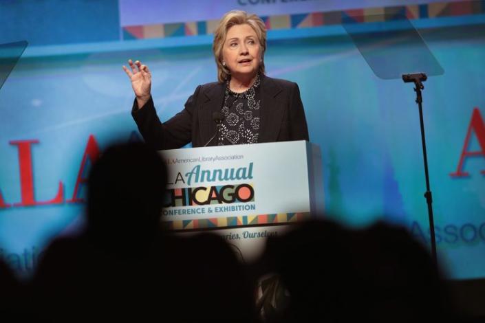 Former Secretary of State Hillary Clinton speaks to guests at the American Library Association&#39;s annual conference on June 27, 2017, in Chicago, Illinois.