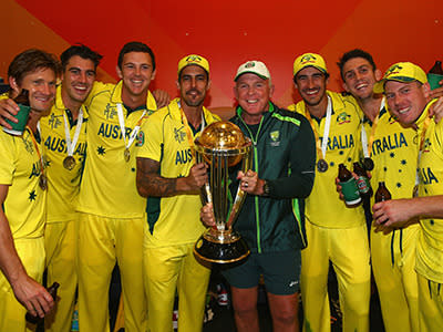 The Aussie bowlers with bowling coach Craig McDermott.