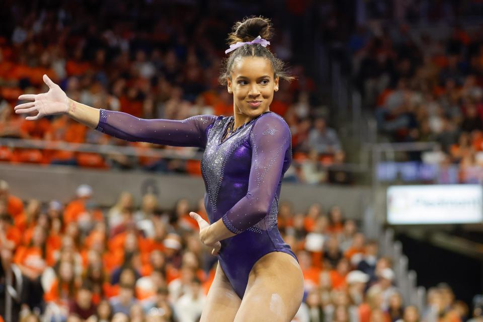 AUBURN, AL - FEBRUARY 10: Haleigh Bryant of LSU competes on the floor during a gymnastics meet against Auburn at Neville Arena on February 10, 2023 in Auburn, Alabama. (Photo by Stew Milne/Getty Images)
