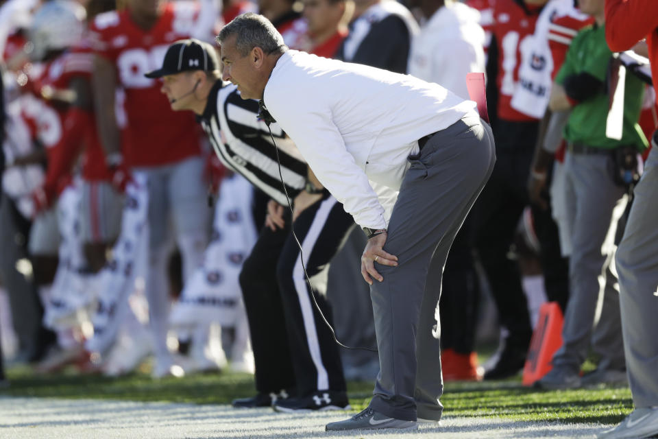 Ohio State head coach Urban Meyer watches during the first half of the Rose Bowl NCAA college football game against Washington Tuesday, Jan. 1, 2019, in Pasadena, Calif. (AP Photo/Marcio Jose Sanchez)