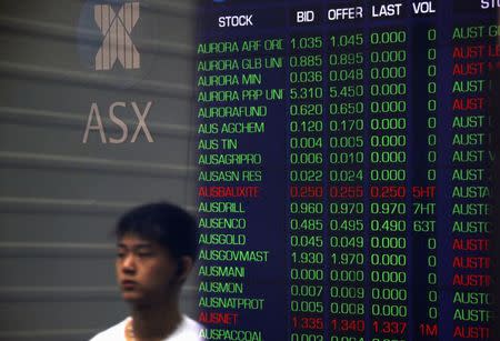 A pedestrian is reflected in the window of the Australian Securities Exchange with boards displaying stock movements, in central Sydney September 24, 2014. REUTERS/David Gray