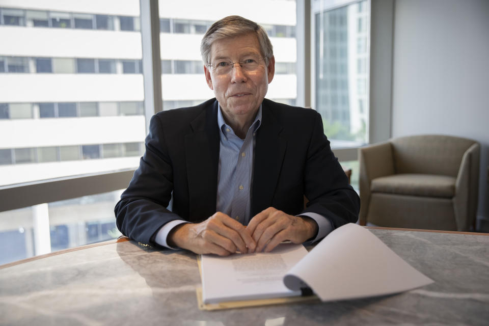 Former Rep. Bill McCollum, R-Fla., now a partner at Dentons, a multinational law firm in Washington, Wednesday, Oct. 2, 2019. McCollum was one of the 14 House impeachment "managers" who presented the case against President Clinton to the Senate in 1998. (AP Photo/Pablo Martinez Monsivais)