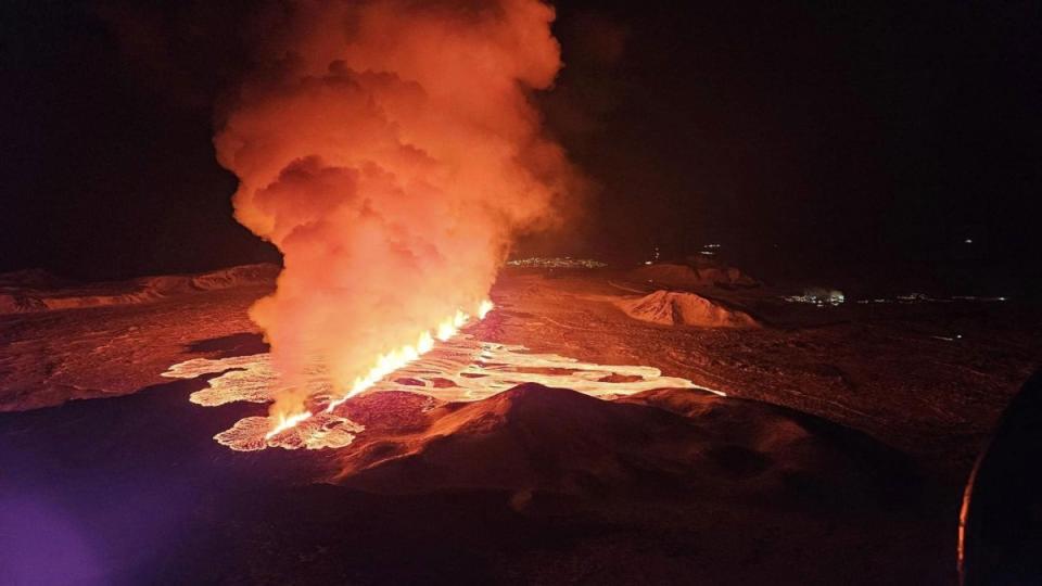 An aerial view shows lava after volcano eruption northeast of Sylingarfell, near Grindavík, Reykjanes Peninsula, Iceland, on Feb. 8, 2024.<span class="copyright">Iceland Civil Defense/Anadolu/Getty Images</span>