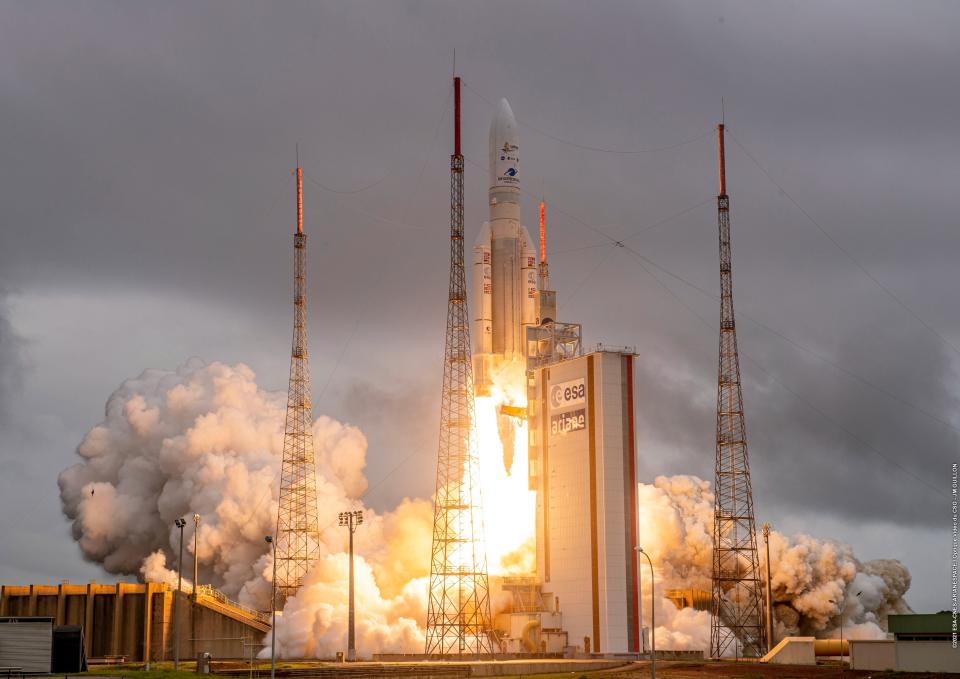 An Arianespace Ariane 5 rocket launches from the South American territory of French Guiana with the James Webb Space Telescope on Christmas Day 2021.