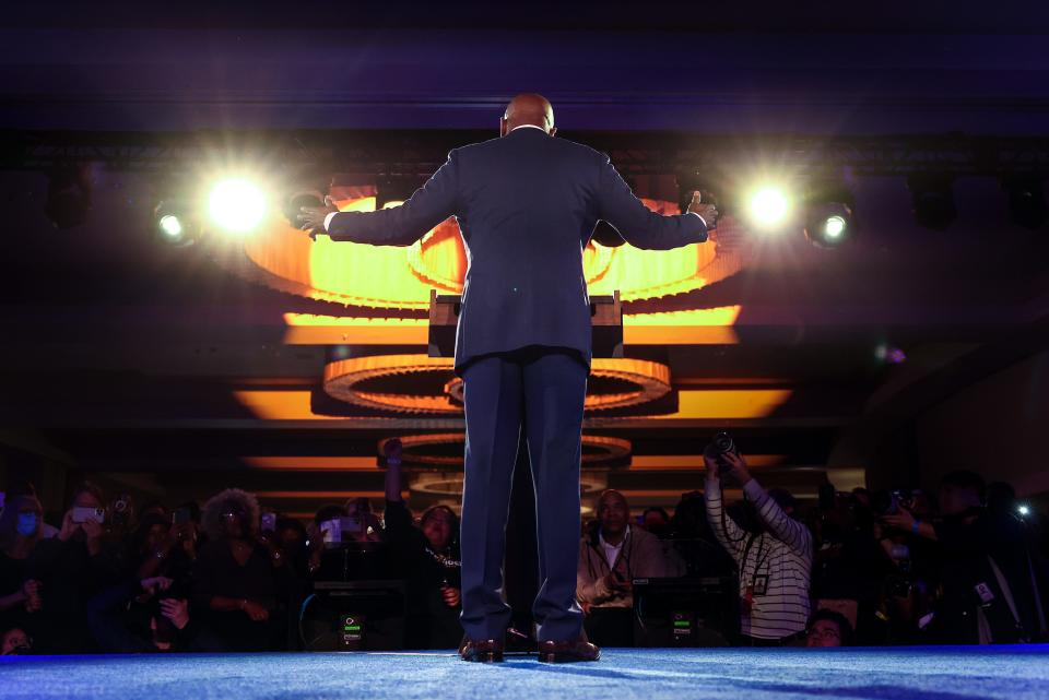 Georgia Democratic Senate candidate U.S. Sen. Raphael Warnock (D-GA) speaks during an election night watch party at the Marriott Marquis on December 6, 2022 in Atlanta, Georgia.