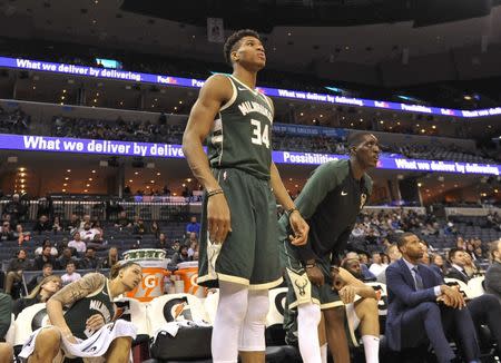 FILE PHOTO: Jan 16, 2019; Memphis, TN, USA; Milwaukee Bucks forward Giannis Antetokounmpo (34) during the second half against the Memphis Grizzlies at FedExForum. The Milwaukee Bucks defeated the Memphis Grizzlies 111-101. Mandatory Credit: Justin Ford-USA TODAY Sports