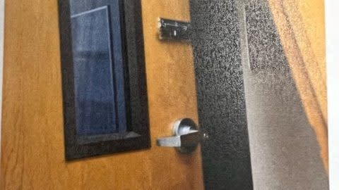 An anonymous staff member sent this photo to Denver Public School Board of Education VP Auon'Tai Anderson claiming it shows a barrel lock on a door allegedly used as an 'incarceration room' at McAuliffe Middle School.