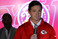 Kansas City Chiefs president Mark Donovan address the crowd during an election watch party after voters rejected the extension of a sales tax to provide funding for a new baseball stadium for the Kansas City Royals and renovations for the Chiefs' football stadium Tuesday, April 2, 2024, in Kansas City, Mo. (AP Photo/Charlie Riedel)