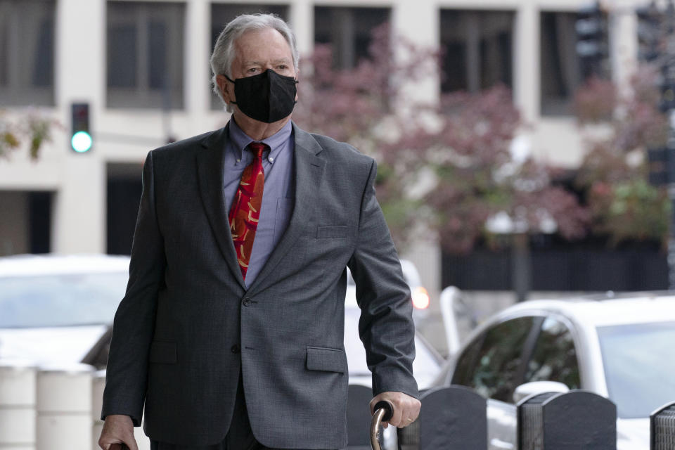 Thomas Caldwell of Berryville, Va., a defendant charged with seditious conspiracy in one of the most serious cases to emerge from the Jan. 6, 2021 attack on the U.S. Capitol, arrives at the Federal Courthouse in Washington, Monday, Nov. 7, 2022. ( AP Photo/Jose Luis Magana)