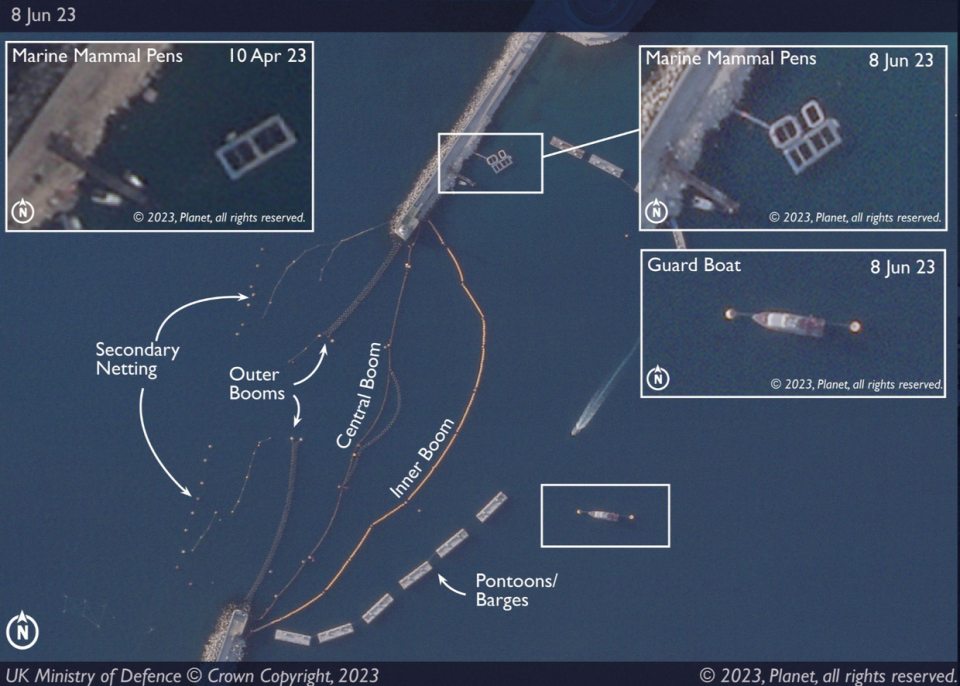 Satellite imagery of the Sevastopol Port in occupied Crimea on June 8, 2023. The U.K. Defense Ministry reported that the Russian military increased the number of trained marine mammals kept at the Sevastopol Port amid Russia's war against Ukraine. (U.K. Defense Ministry/Twitter)