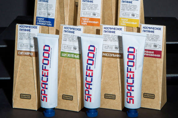 "Authentic cosmonaut food" packaged in toothpaste-like tubes is now on sale at Moscow's All-Russian Exhibition Center.