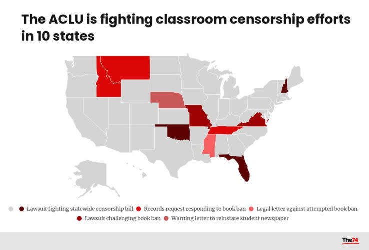 <a href="https://www.the74million.org/article/the-aclus-fight-against-classroom-censorship-state-by-state" rel="nofollow noopener" target="_blank" data-ylk="slk:See the interactive version of this map here;elm:context_link;itc:0;sec:content-canvas" class="link ">See the interactive version of this map here</a>.