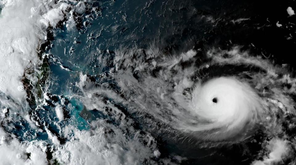 This satellite image obtained from NOAA/RAMMB, shows Tropical Storm Dorian as it approaching The Bahamas and Florida on August 30, 2019. - Hurricane Dorian strengthened to an 