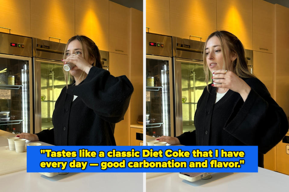 A tester drinking a cup of Diet Coke and saying it "tastes like a classic Diet Coke that I have every day — good carbonation and flavor"