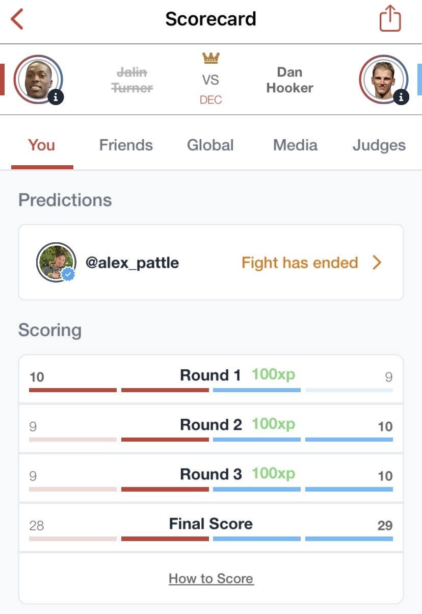 Indy Sport’s Verdict scorecard for Dan Hooker vs Jalin Turner at UFC 290 (Verdict MMA)