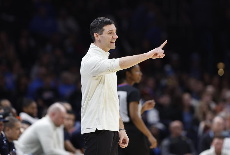 Dec 31, 2023; Oklahoma City, Oklahoma, USA; Oklahoma City Thunder head coach Mark Daigneault gestures to his team as they play against the Brooklyn Nets during the second half at Paycom Center. Mandatory Credit: Alonzo Adams-USA TODAY Sports
