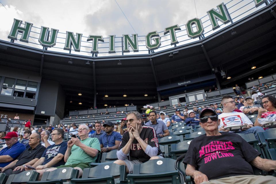 Fnas wait for the first pitch during the AAA minor league baseball game between the Columbus Clippers and the Toledo Mud Hens at Huntington Park in Columbus on Tuesday, June 15, 2021.