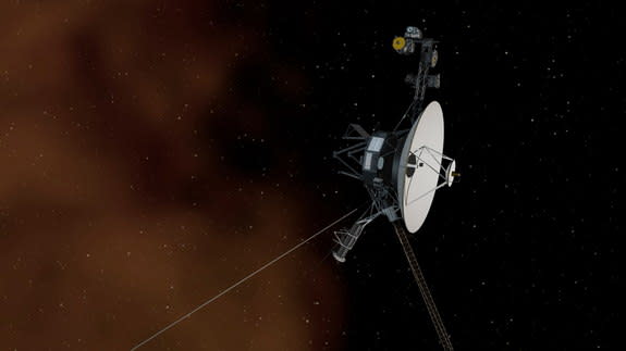 This artist's concept depicts NASA's Voyager 1 spacecraft entering interstellar space, or the space between stars. Interstellar space is dominated by the plasma, or ionized gas, that was ejected by the death of nearby giant stars millions of ye