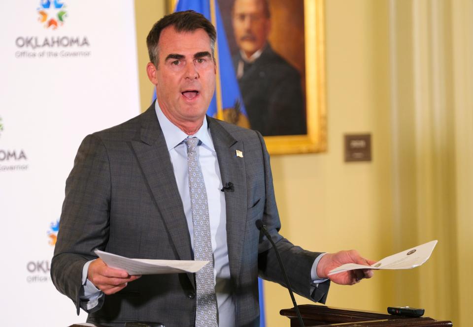 Oklahoma Gov. Kevin Stitt responds to the Legislature overriding his vetoes of the tribal compacts July 31 in the Blue Room of the Capitol.