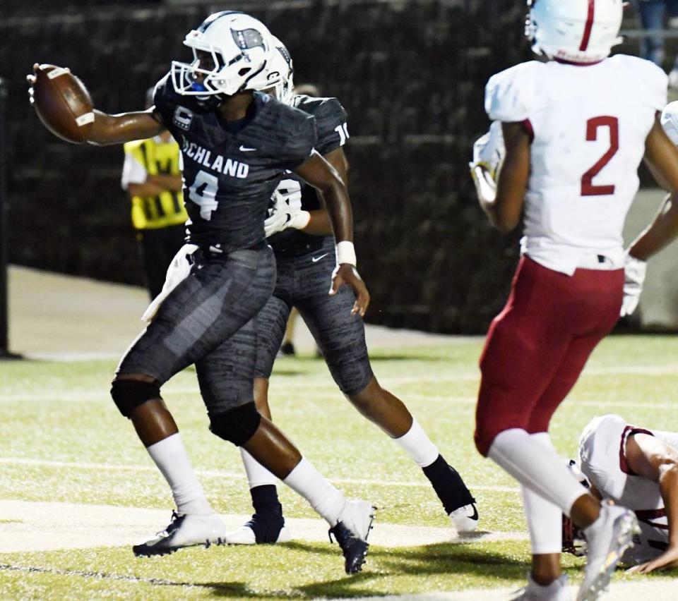 Richland’s Rashee Rice, left, celebrates as he take the ball in for the score and a 15-7 lead over Keller Central in the second quarter of Friday’s September 7, 2018 football game at the Birdville Athletic Complex in North Richland Hills.