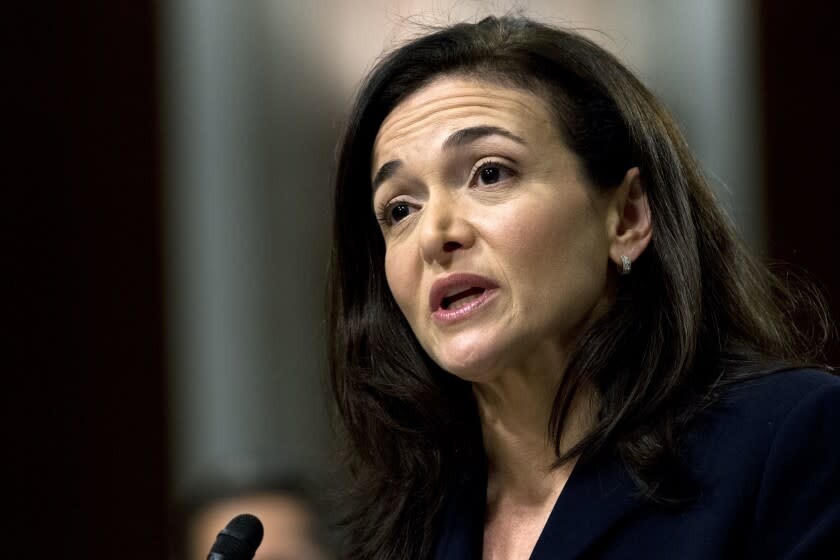 FILE- In this Sept. 5, 2018, file photo Facebook COO Sheryl Sandberg testifies before the Senate Intelligence Committee hearing on 'Foreign Influence Operations and Their Use of Social Media Platforms' on Capitol Hill in Washington. Facebook and civil rights group Color of Change are hosting a meeting Thursday, Sept. 26, 2019, in Atlanta to discuss problems around discrimination, racism and political deception on the site. Sandberg didn't directly respond to questions about the decision by Sherrilyn Ifill, president of the NAACP Legal Defense & Educational Fund, during a discussion by the two. (AP Photo/Jose Luis Magana, File)
