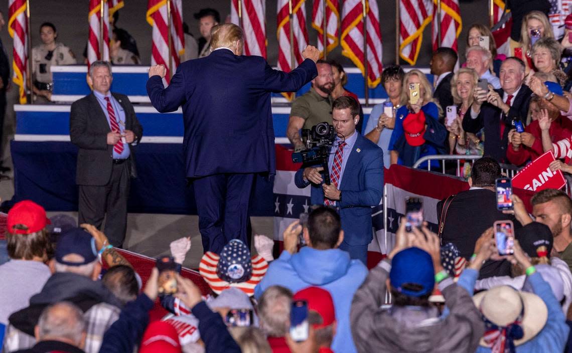 Former president Donald Trump dances after speaking during a rally at Wilmington International Airport Friday, Sept. 23, 2023.