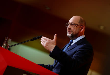 FILE PHOTO - Leader of the Social Democratic Party (SPD) Martin Schulz gives a statement at their party headquarters in Berlin, Germany, December 15, 2017. REUTERS/Axel Schmidt