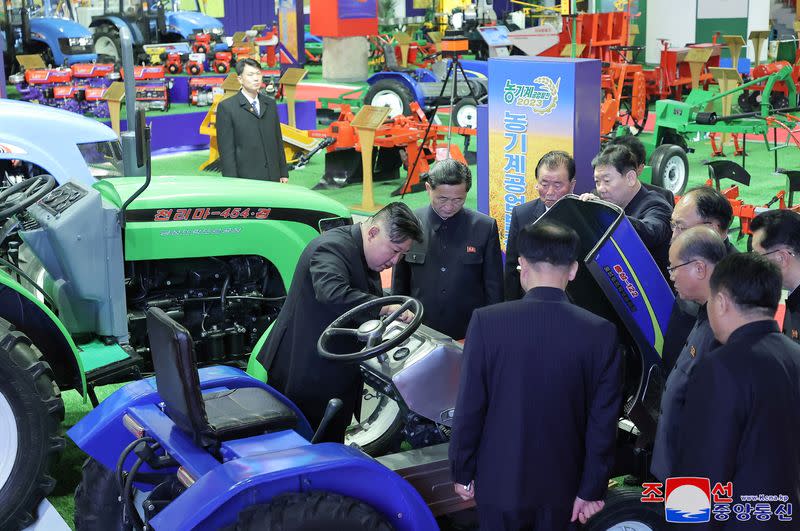 North Korean leader Kim Jong Un visits the agricultural machinery exhibition hall