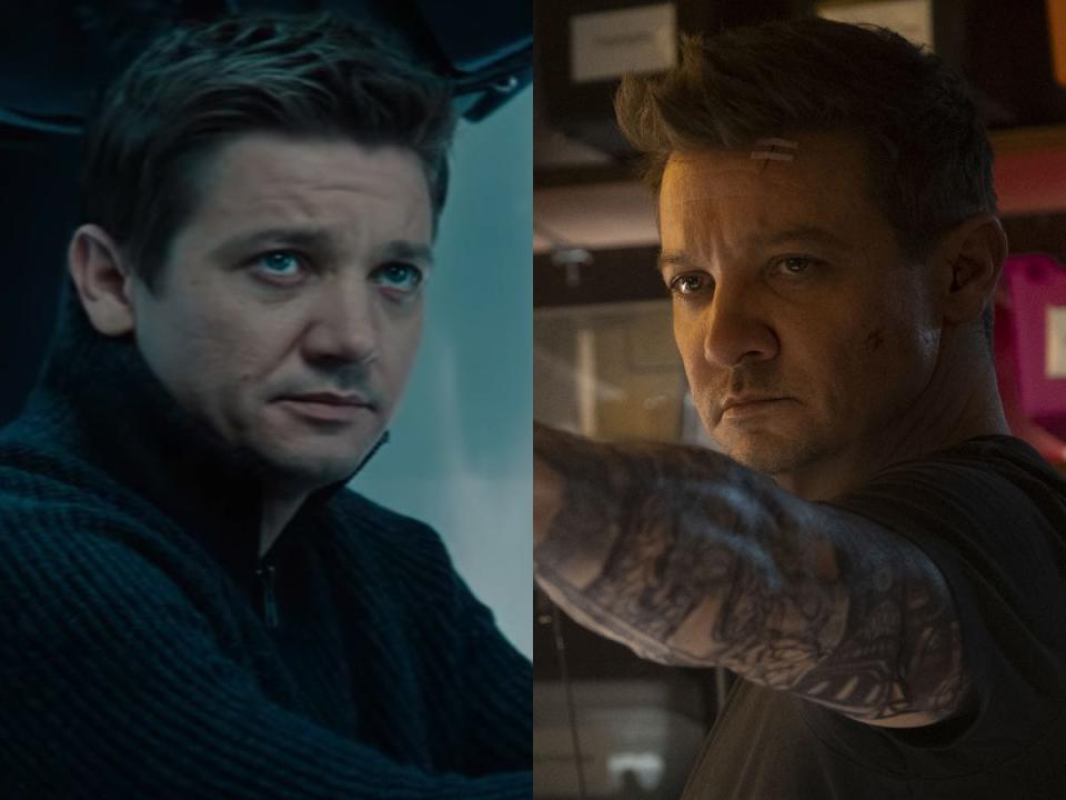 On the left: Jeremy Renner in "Mission: Impossible — Ghost Protocol." On the right: Renner on "Hawkeye."