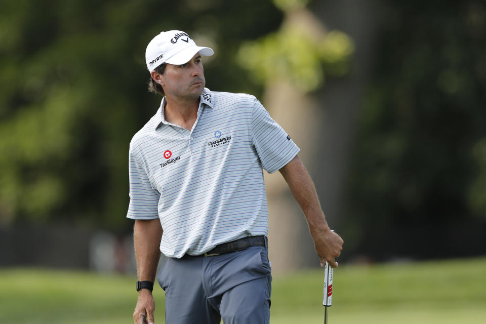 Kevin Kisner watches his putt on the ninth green during the first round of the Rocket Mortgage Classic golf tournament Thursday, July 2, 2020, at Detroit Golf Club in Detroit. (AP Photo/Carlos Osorio)