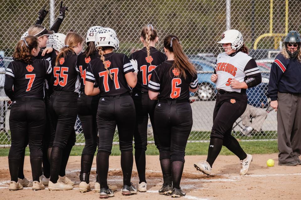 Strasburg's Emma Gilkerson arrives at home plate after blasting a grand slam in the top of the second inning against Indian Valley.